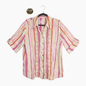 Napa Valley Plus 1X Linen Blend Top Multicolor Striped Embroidery Button Front